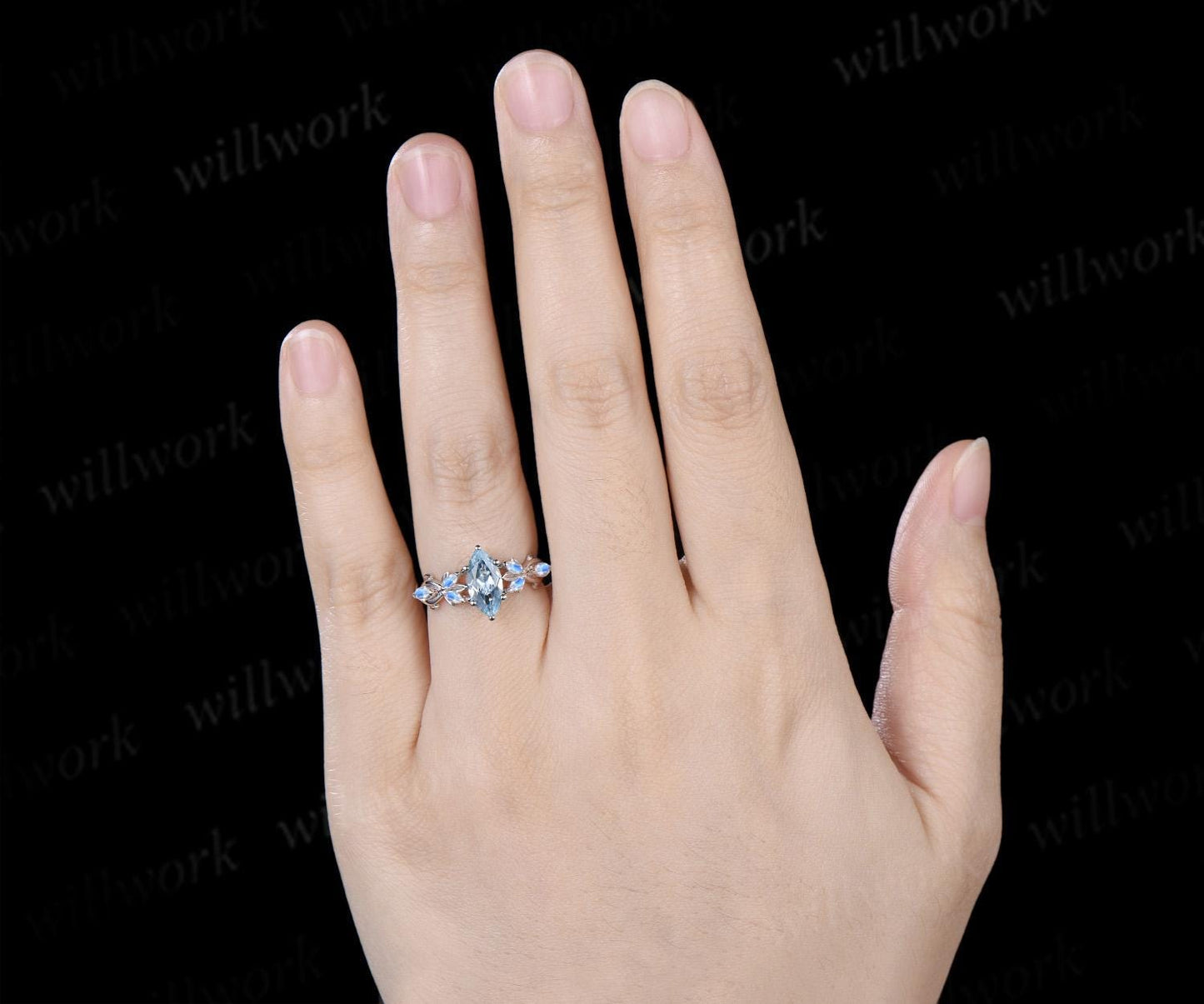 1ct marquise cut aquamarine moonstone engagement ring vintage solid 14k white gold leaf infinity promise wedding ring women jewelry