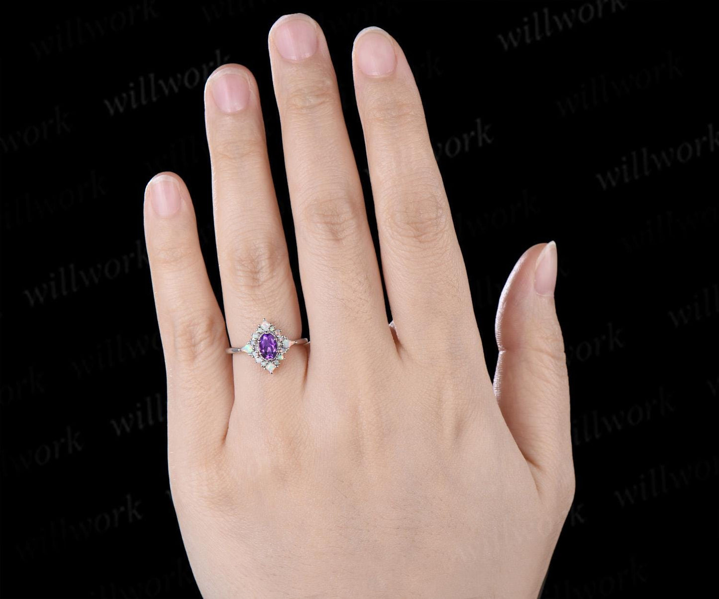 Oval cut amethyst ring vintage white gold halo kite square opal unique engagement ring women wedding anniversary ring gift for her