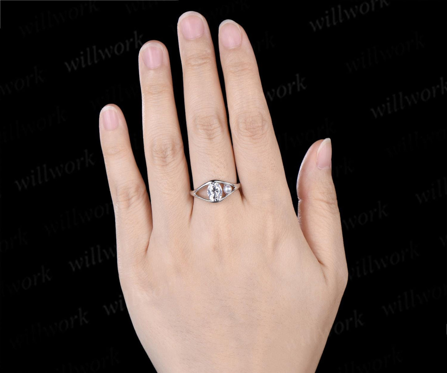 Toi et moi oval cut moissanite pearl engagement ring solid 14k white gold two stone split shank wedding promise ring women jewelry
