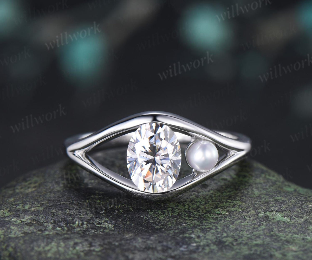 Toi et moi oval cut moissanite pearl engagement ring solid 14k white gold two stone split shank wedding promise ring women jewelry
