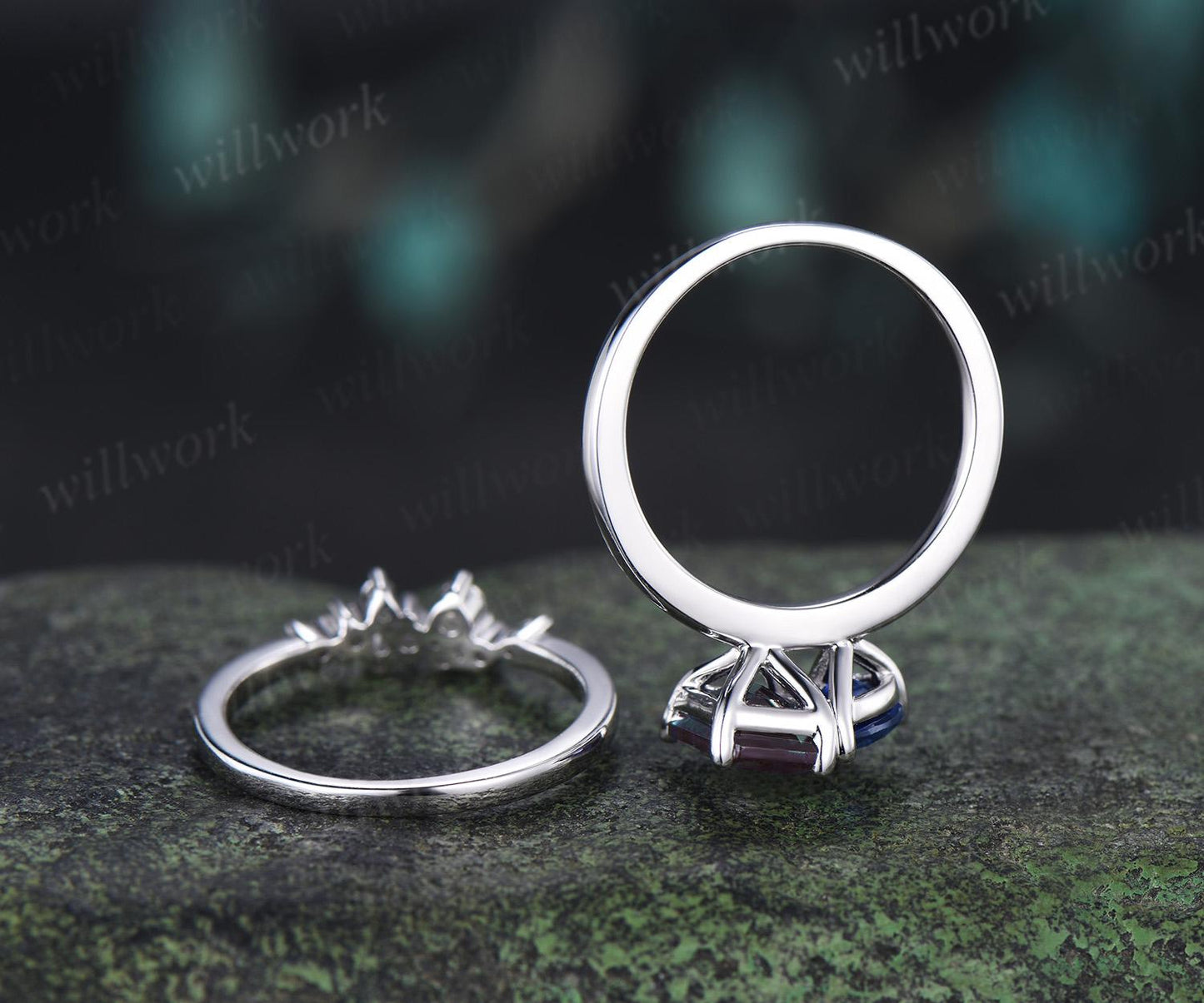 Toi et moi emerald cut alexandrite pear sapphire engagement ring solid 14k white gold Personalized snowdrift bridal wedding ring set women