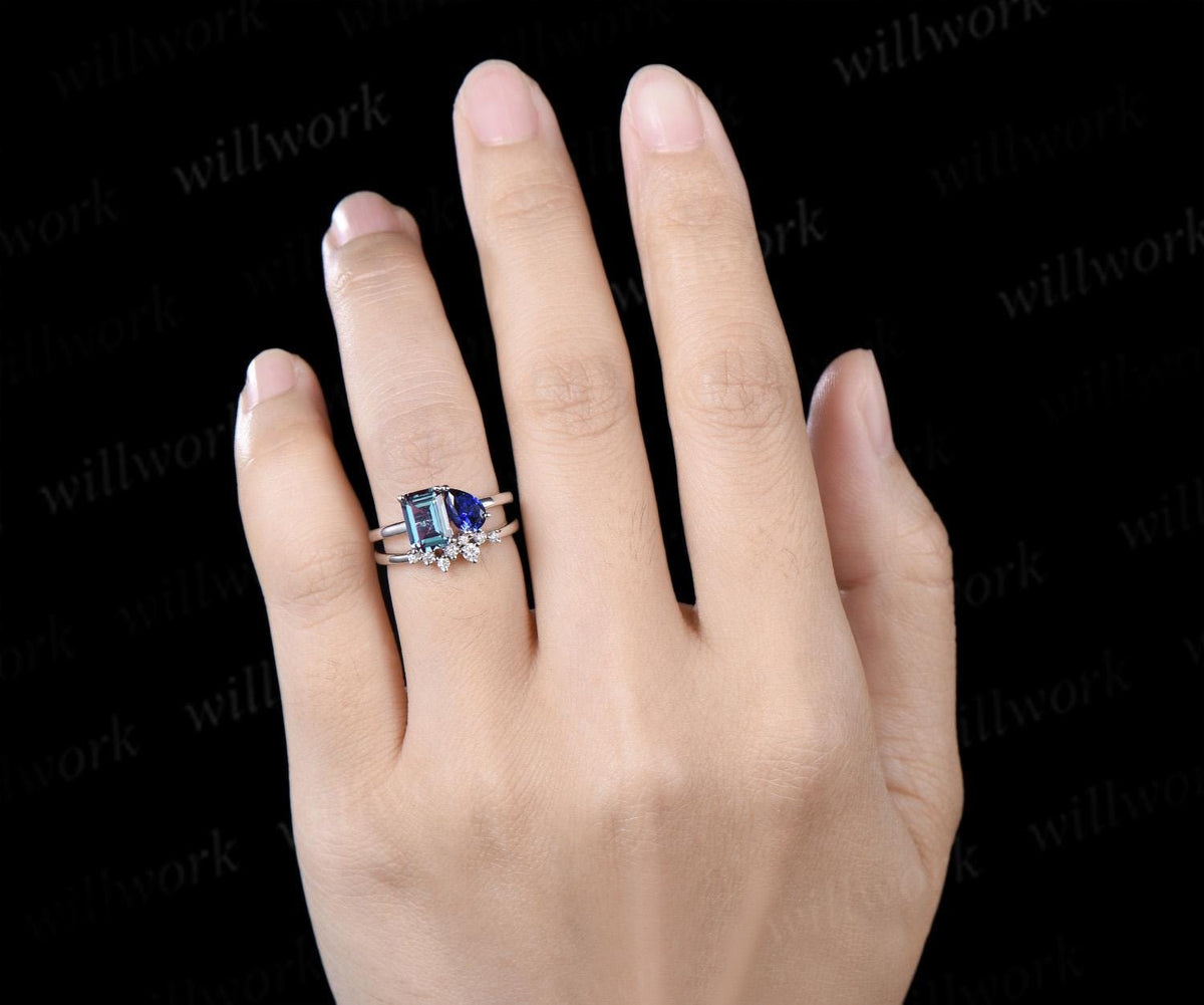 Toi et moi emerald cut alexandrite pear sapphire engagement ring solid 14k white gold Personalized snowdrift bridal wedding ring set women