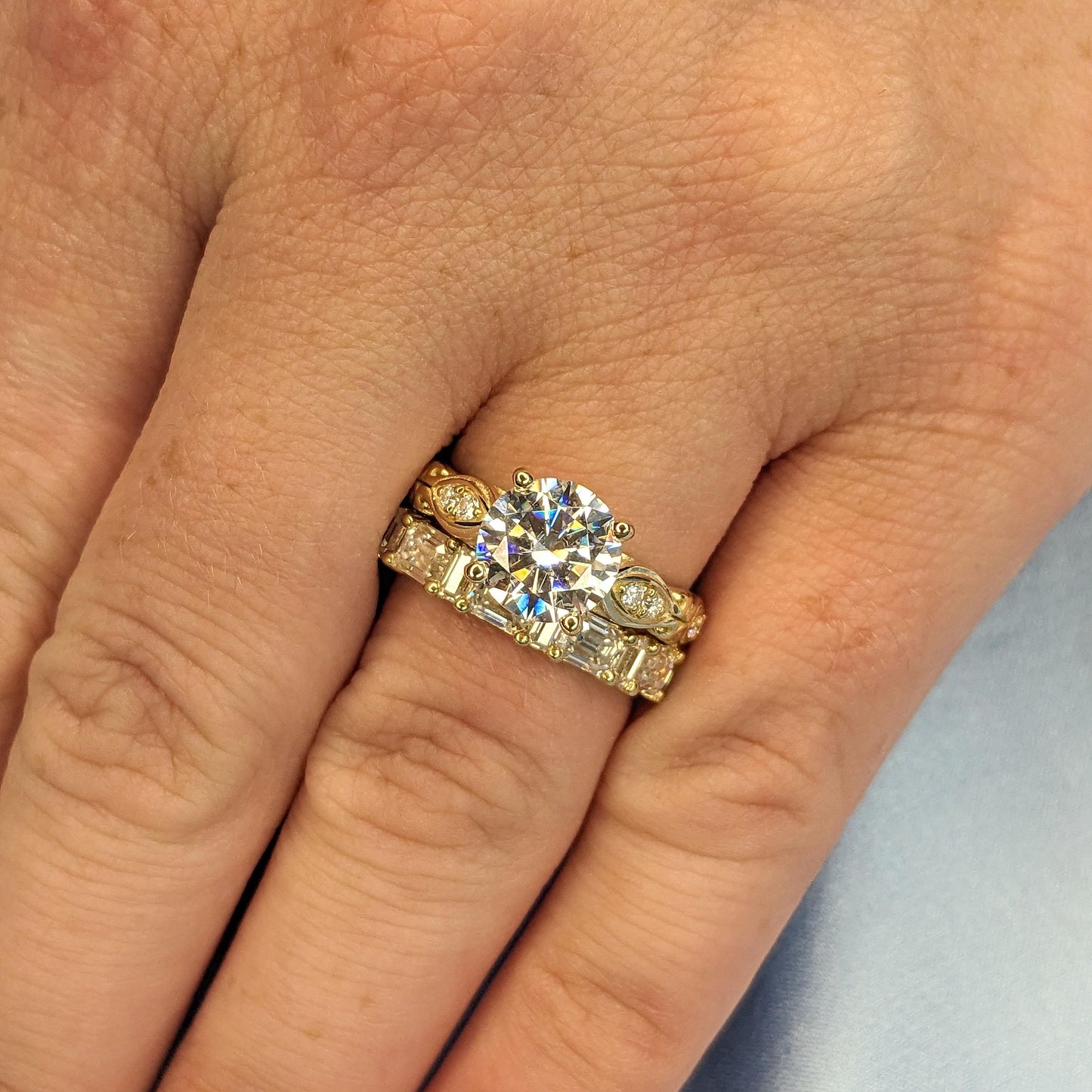 14k/18k Gold Lab Created Diamond Antique Engagement Ring | Diamonds Stacking Ring | 2 Piece Bridal Set Wedding Jewelry Gift for Her