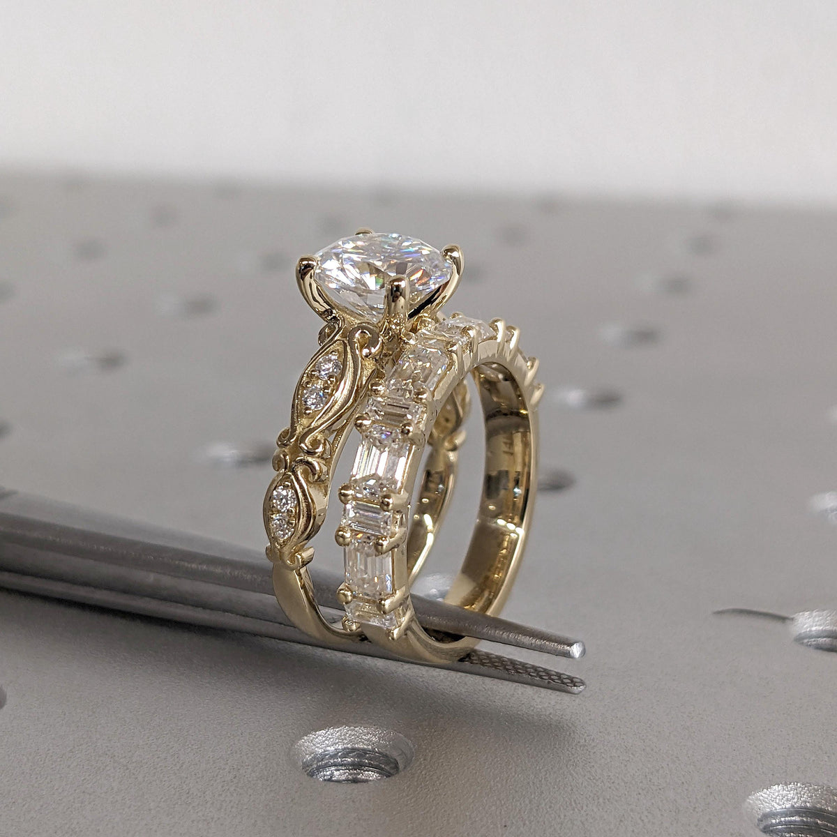 14k/18k Gold Lab Created Diamond Antique Engagement Ring | Diamonds Stacking Ring | 2 Piece Bridal Set Wedding Jewelry Gift for Her