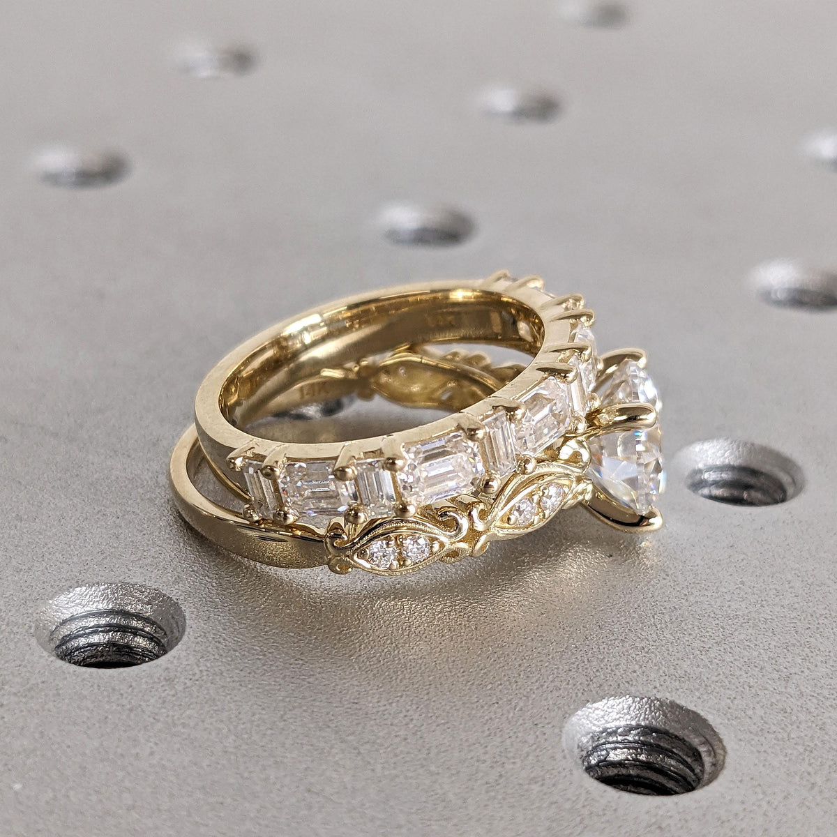 14k/18k Gold Lab Created Diamond Antique Engagement Ring | Diamonds Stacking Ring | 2 Piece Bridal Set Wedding Jewelry Gift for Her