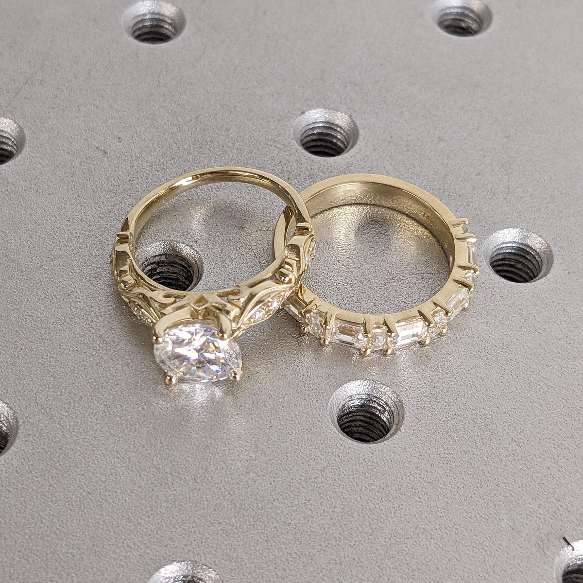 Lab Made Diamond and Moissanite Engagement Ring and Wedding Band Set for Women | 14k Yellow Gold Vintage Bridal Jewelry Anniversary Gift