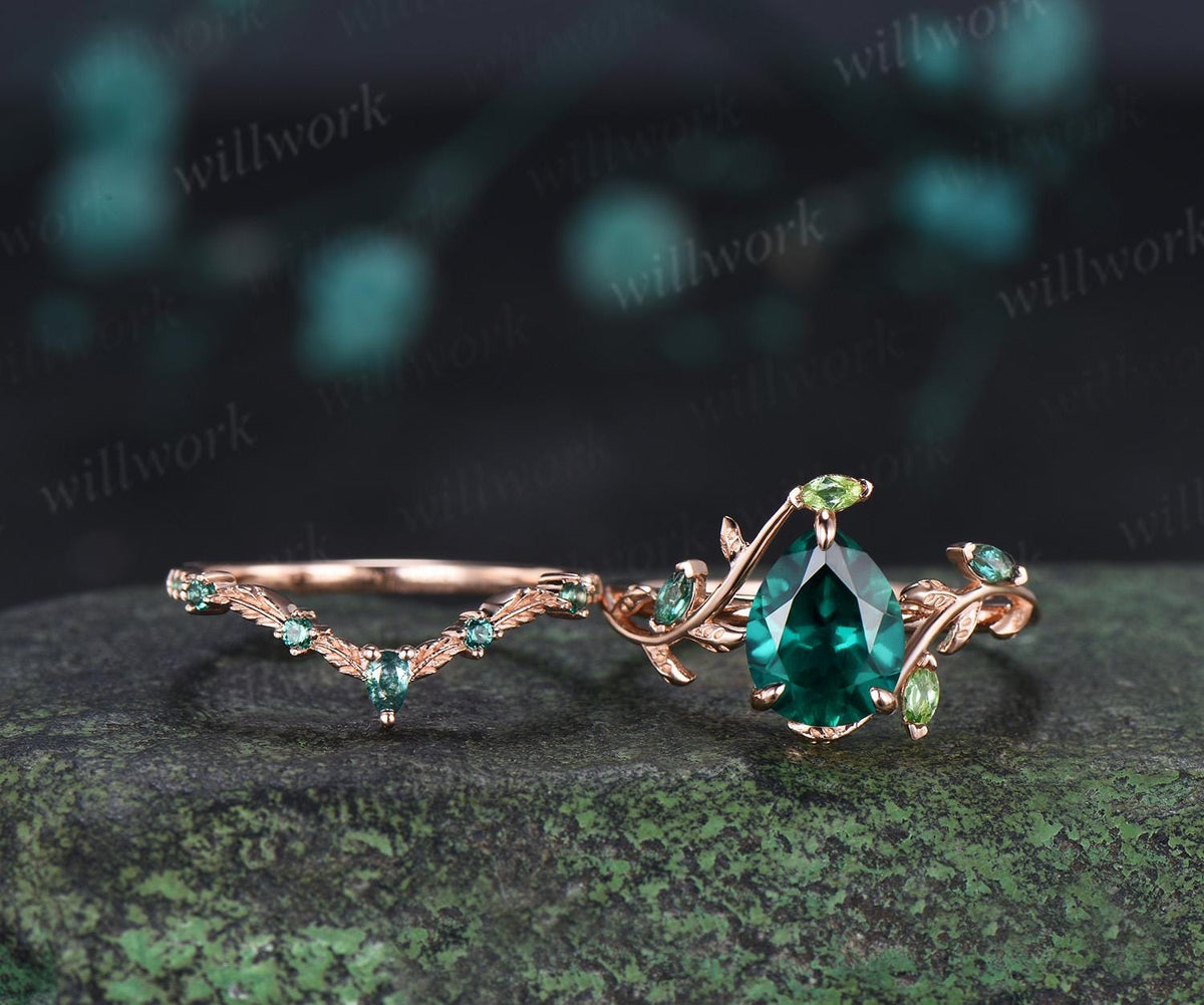 Teardrop pear cut green emerald engagement ring 14k rose gold cluster leaf nature inspired peridot bridal promise wedding ring set women