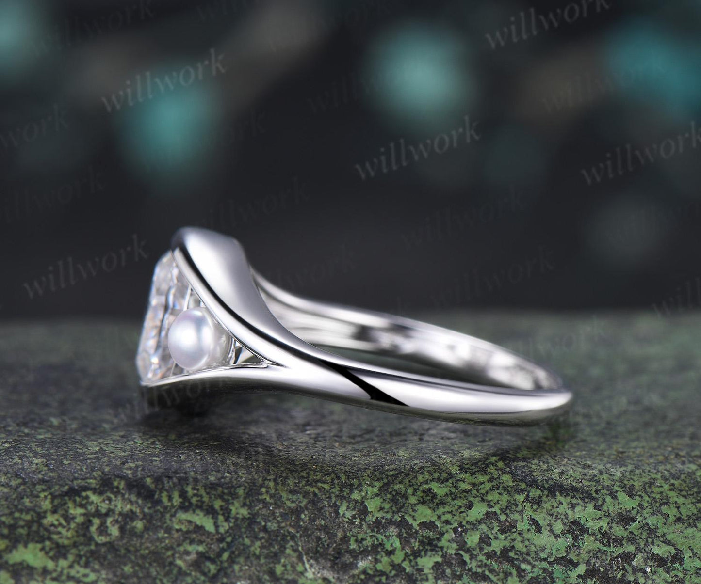 Toi et moi oval cut moissanite pearl engagement ring solid 14k white gold two stone split shank wedding promise ring women jewelry