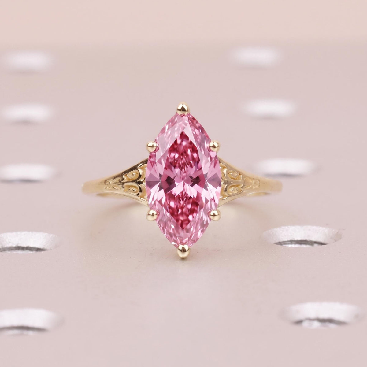 Pink Lab Diamond Custom Engagement Ring | Marquise Cut Victorian Filigree Ring | Gold Heirloom Proposal Ring | Wedding Anniversary Gift