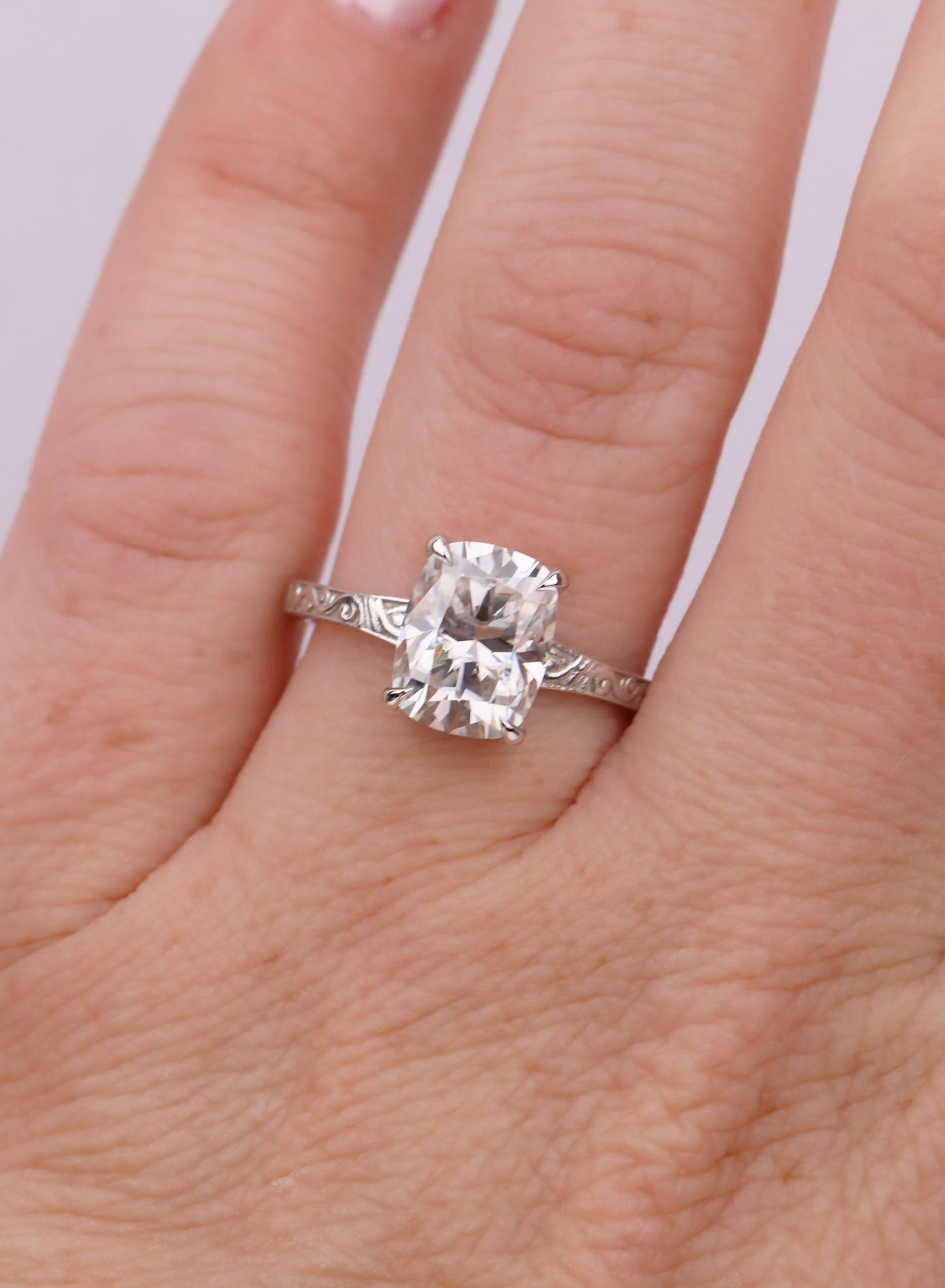 Cushion Cut 2.5ct Lab Grown Diamond Ring, Elongated Cushion Ring, 14K White Gold Vintage Nature Inspired Art Deco Handcrafted Filigree Ring