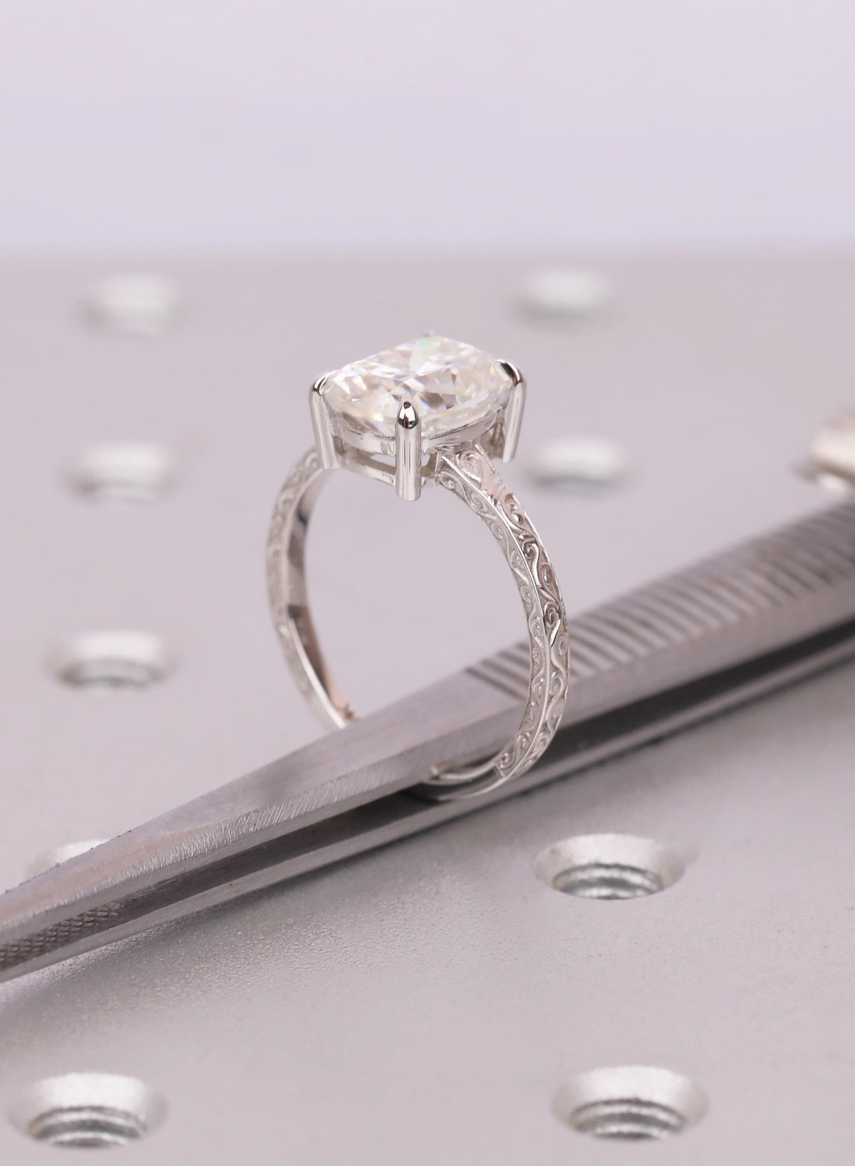 Cushion Cut 2.5ct Lab Grown Diamond Ring, Elongated Cushion Ring, 14K White Gold Vintage Nature Inspired Art Deco Handcrafted Filigree Ring