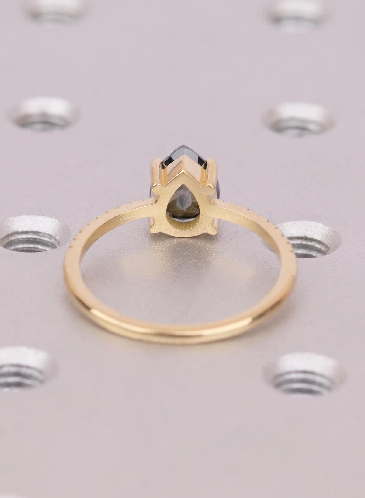 Pear Cut Salt and Pepper Diamond Ring, 18K Yellow Gold, Talon Prong Setting, Alternative Engagement Ring