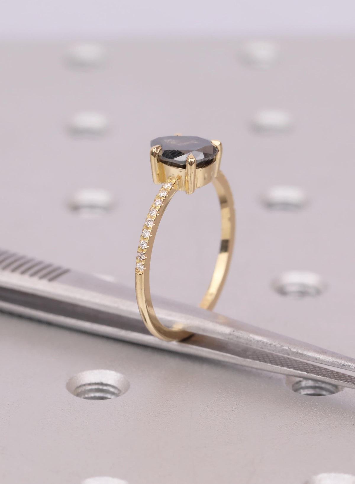 Pear Cut Salt and Pepper Diamond Ring, 18K Yellow Gold, Talon Prong Setting, Alternative Engagement Ring