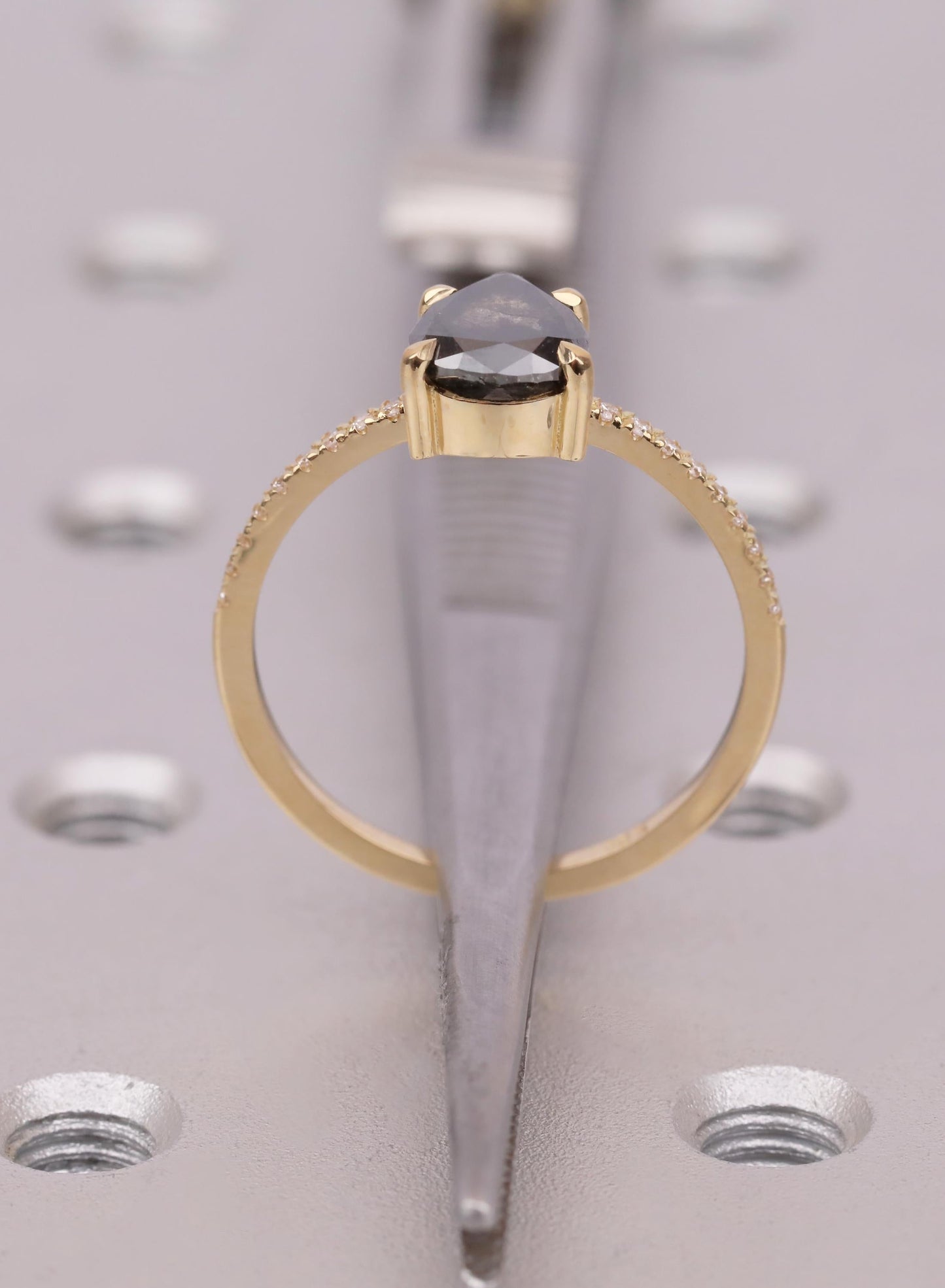 Pear Cut Salt and Pepper Diamond Ring, 18K Yellow Gold, Talon Prong Setting, Alternative Engagement Ring