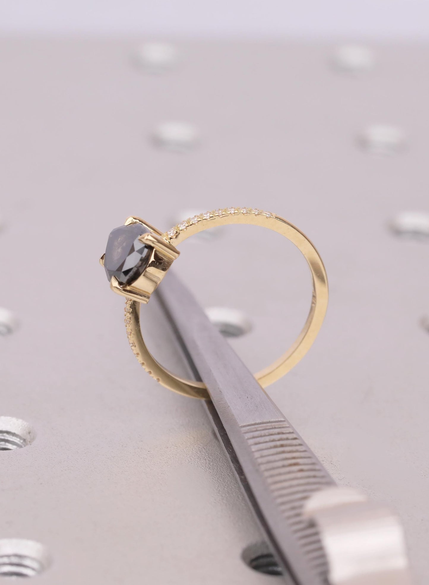 Pear Cut Salt and Pepper Diamond Ring, 18K Yellow Gold, Talon Prong Setting, Alternative Engagement Ring