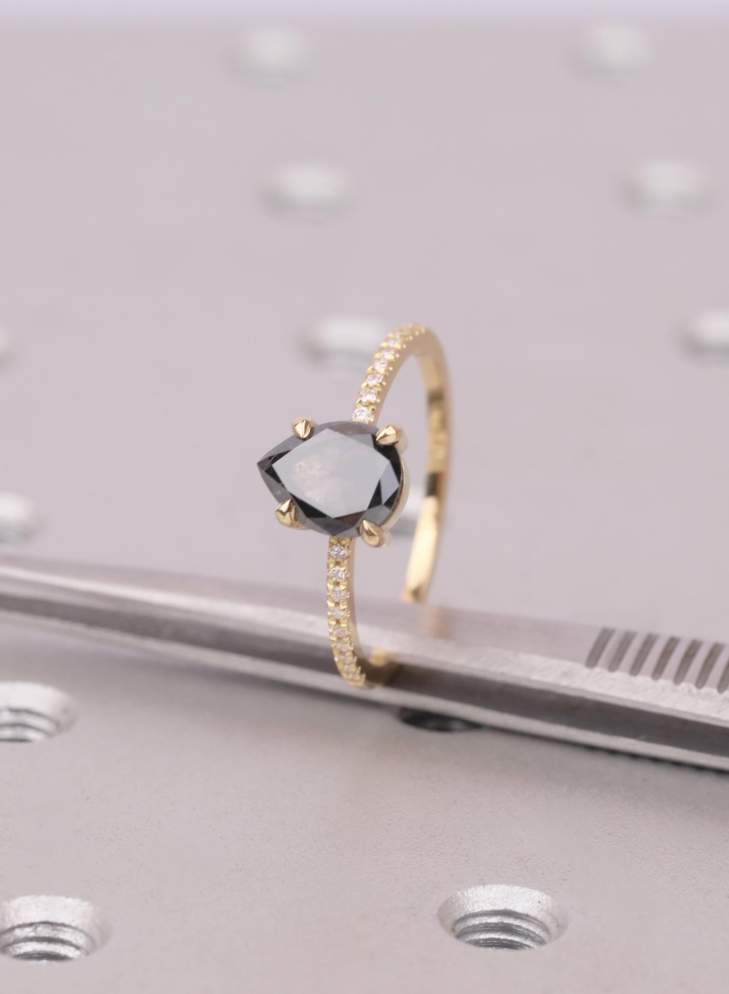 Pear Cut Salt and Pepper Diamond Ring, 18K Yellow Gold, Talon Prong Setting, Alternative Engagement Ring