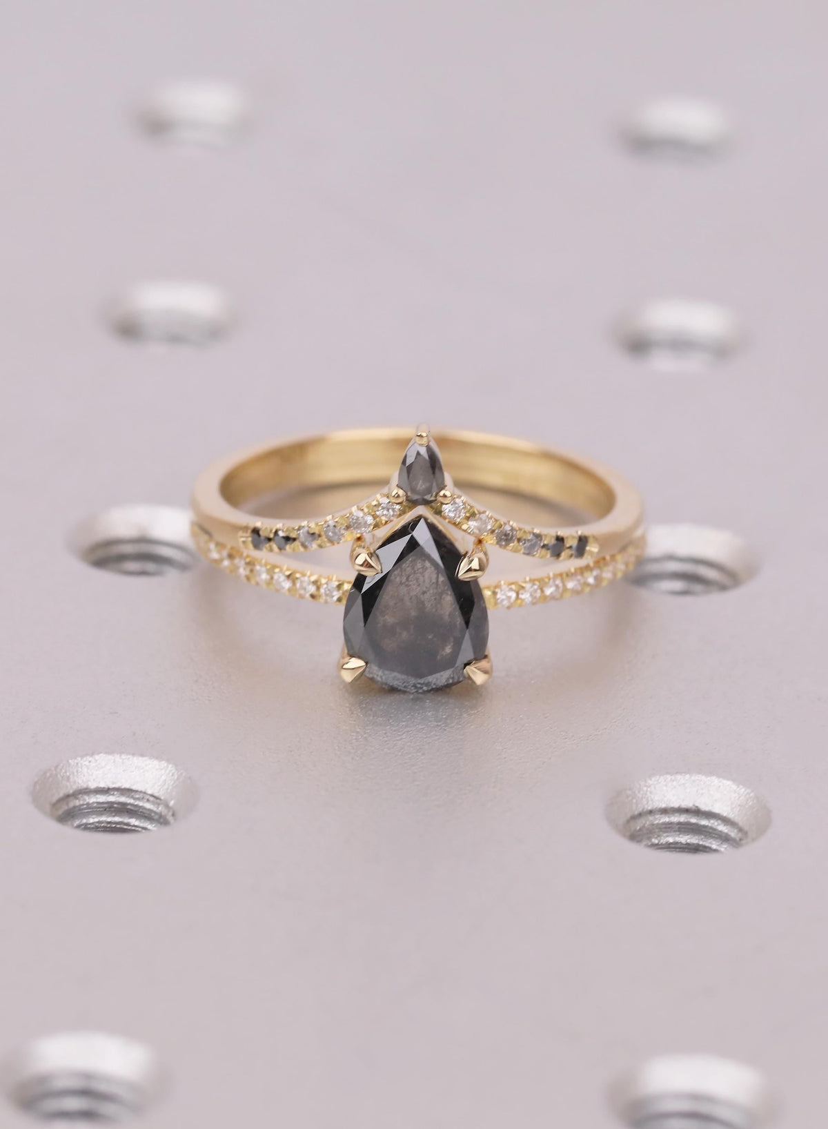 Raw Salt and Pepper Kite Diamond Ring Set, 18k Yellow Gold, Moissanite Accents, Crown Style Matching Band