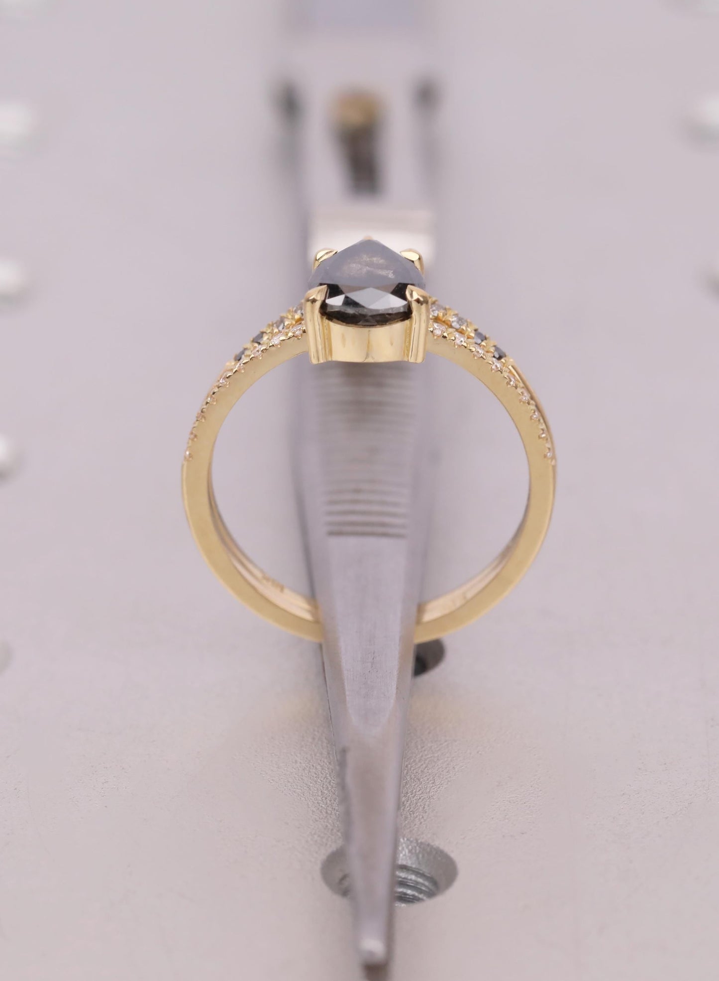 Raw Salt and Pepper Kite Diamond Ring Set, 18k Yellow Gold, Moissanite Accents, Crown Style Matching Band