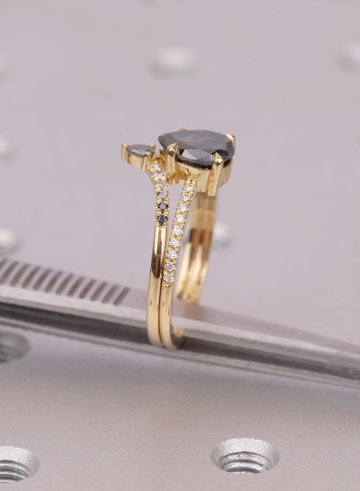 Raw Salt and Pepper Kite Diamond Ring Set, 18k Yellow Gold, Moissanite Accents, Crown Style Matching Band