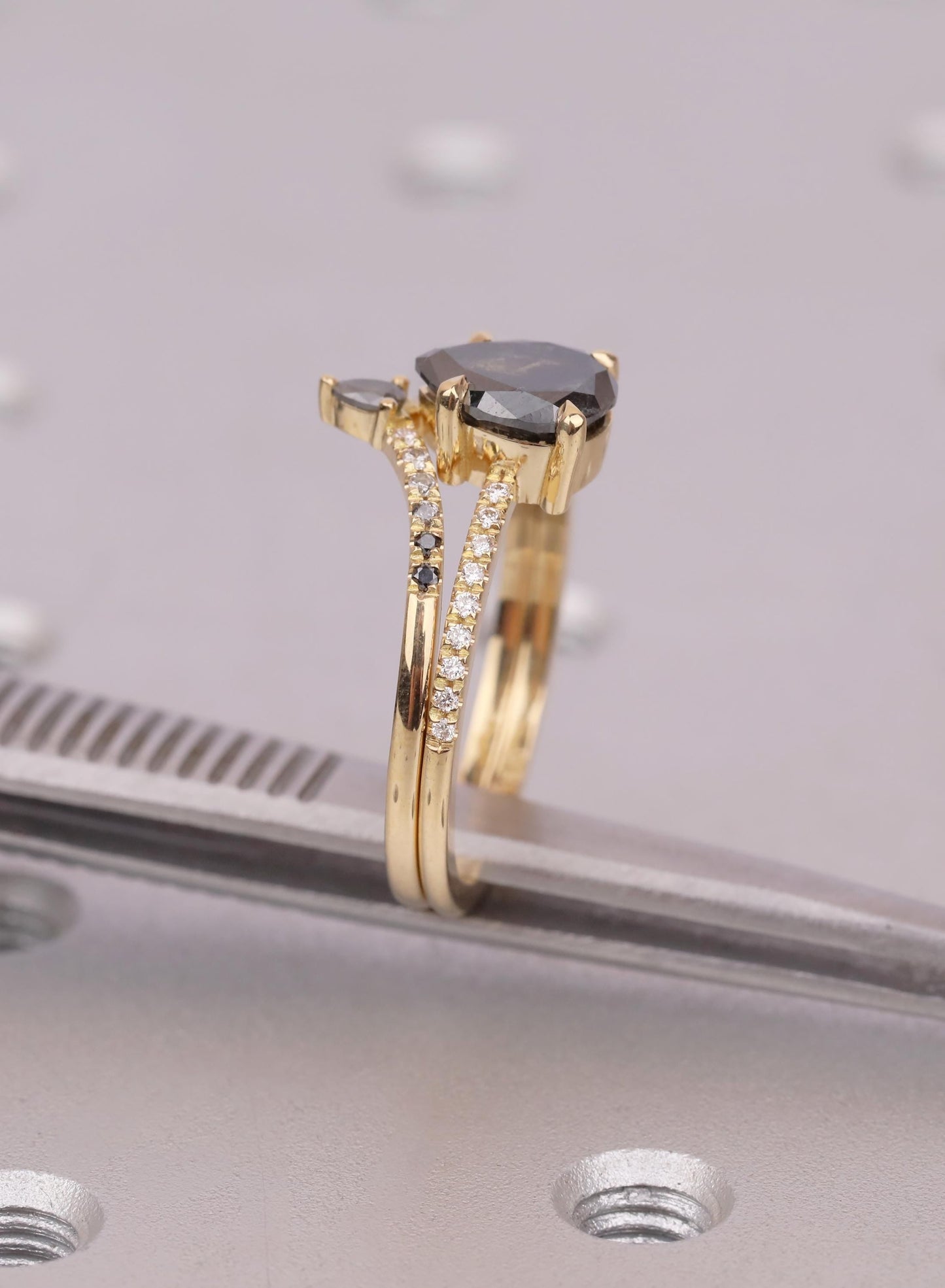 Pear Salt and Pepper Diamond Bridal Set, 18K Gold Ombre Band, Unique Engagement Ring