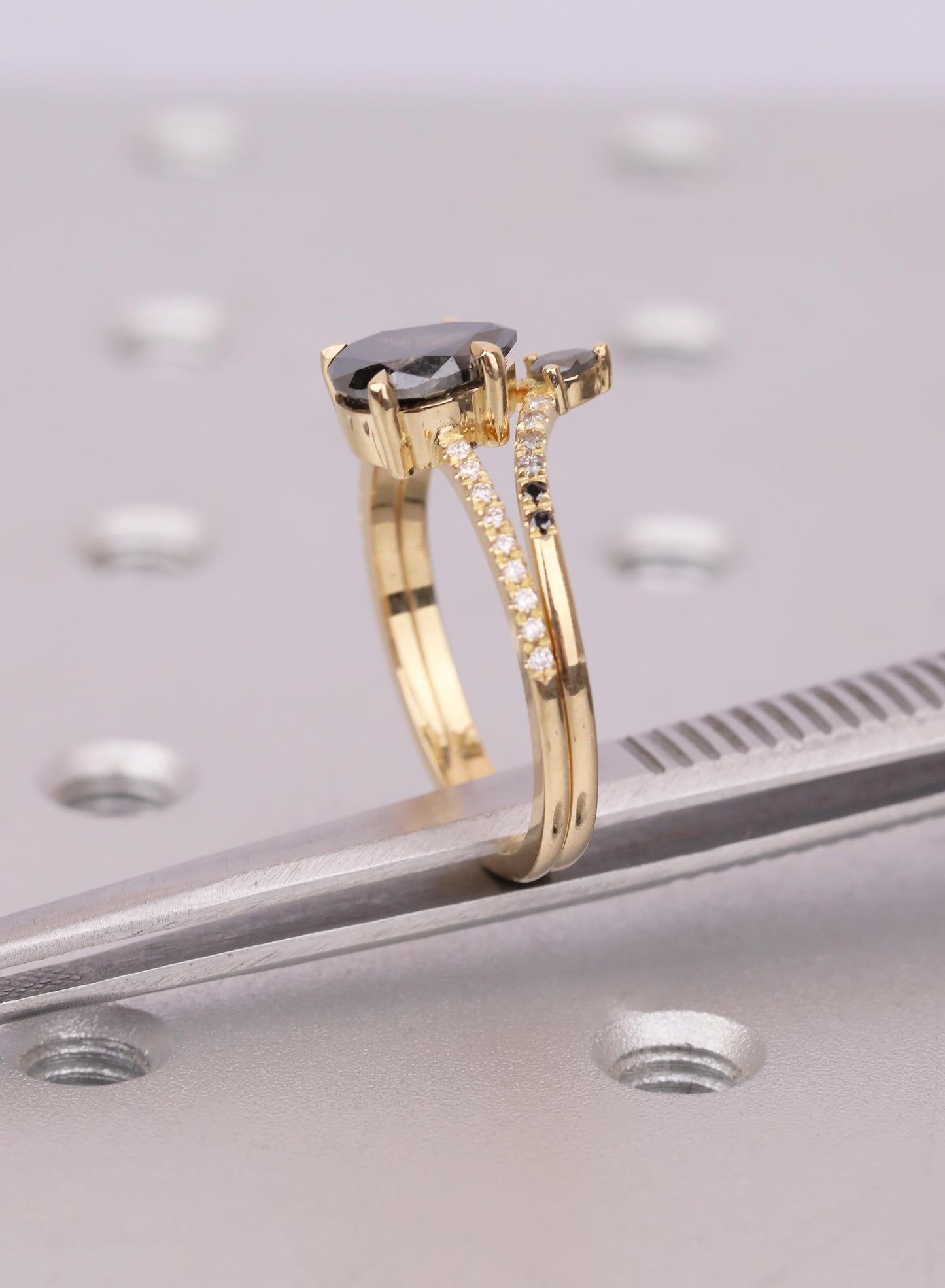 Raw Salt and Pepper Kite Diamond Ring Set, 18k Yellow Gold, Moissanite Accents, Crown Style Matching Band