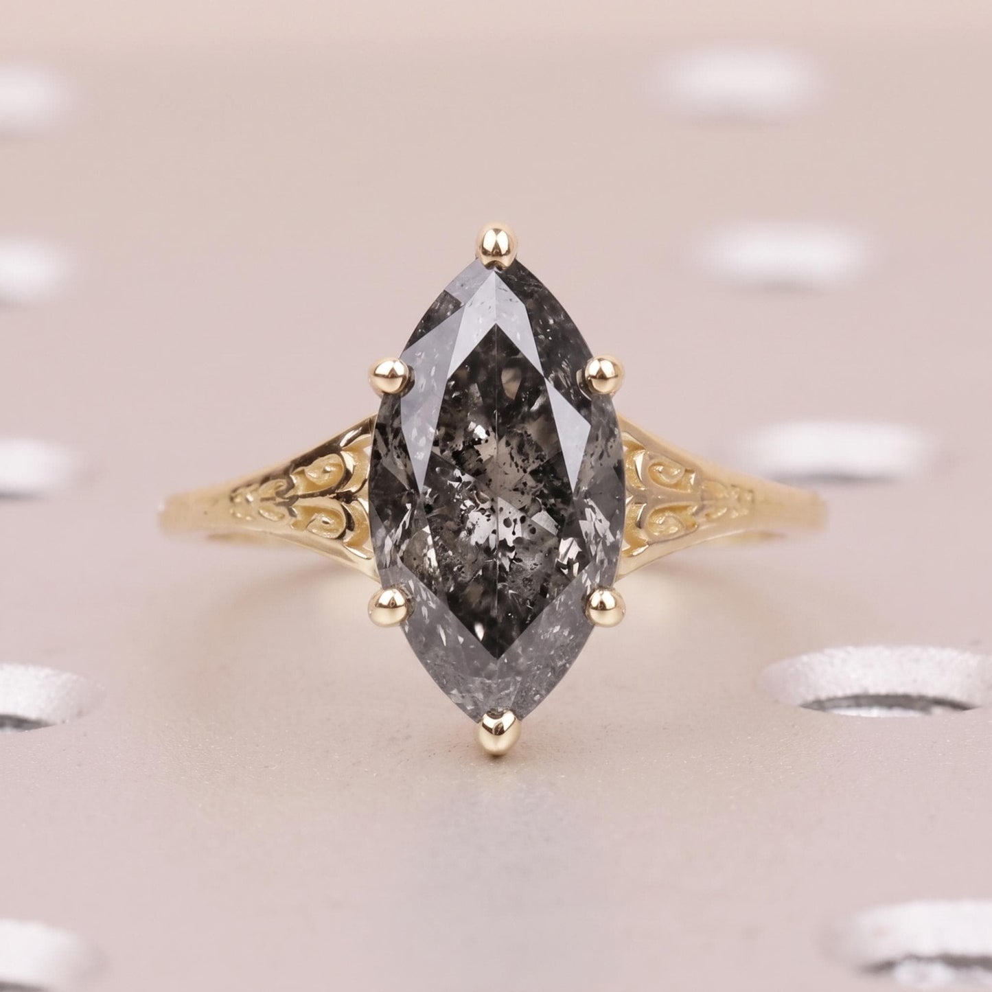 Salt and Pepper Black Diamond Engagement Ring for Women | Marquise cut Solitaire Ring | Vintage Gold Jewelry