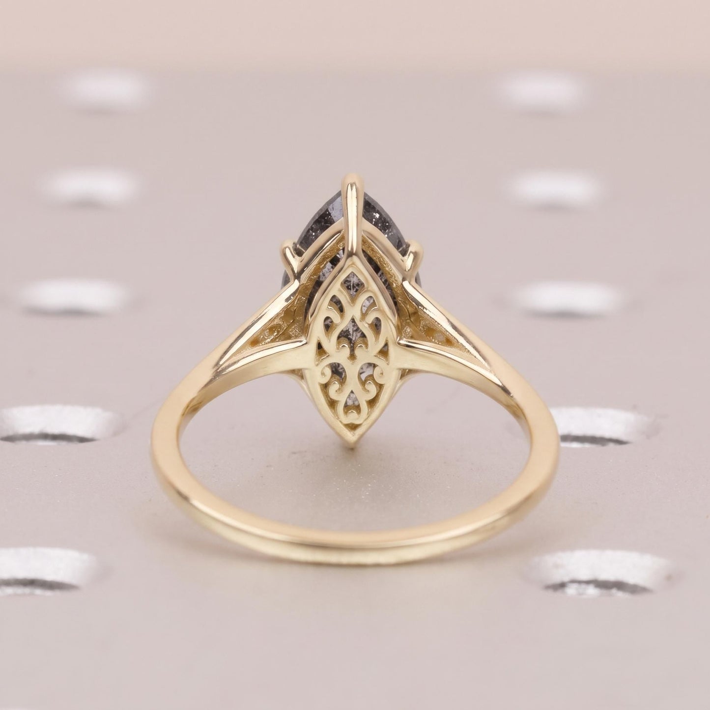 Salt and Pepper Black Diamond Engagement Ring for Women | Marquise cut Solitaire Ring | Vintage Gold Jewelry