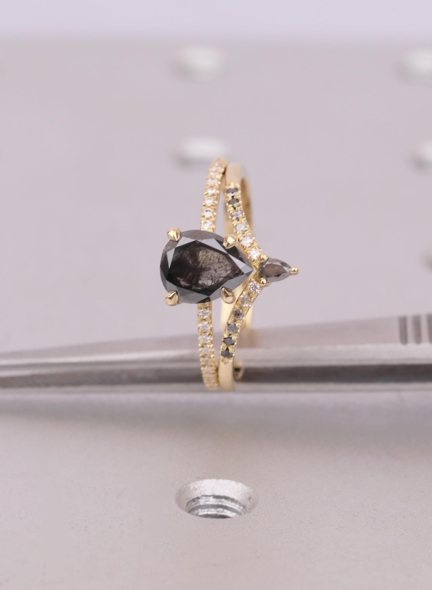 Raw Salt and Pepper Kite Diamond Ring Set, 18k Yellow Gold, Moissanite Accents, Crown Style Matching Band