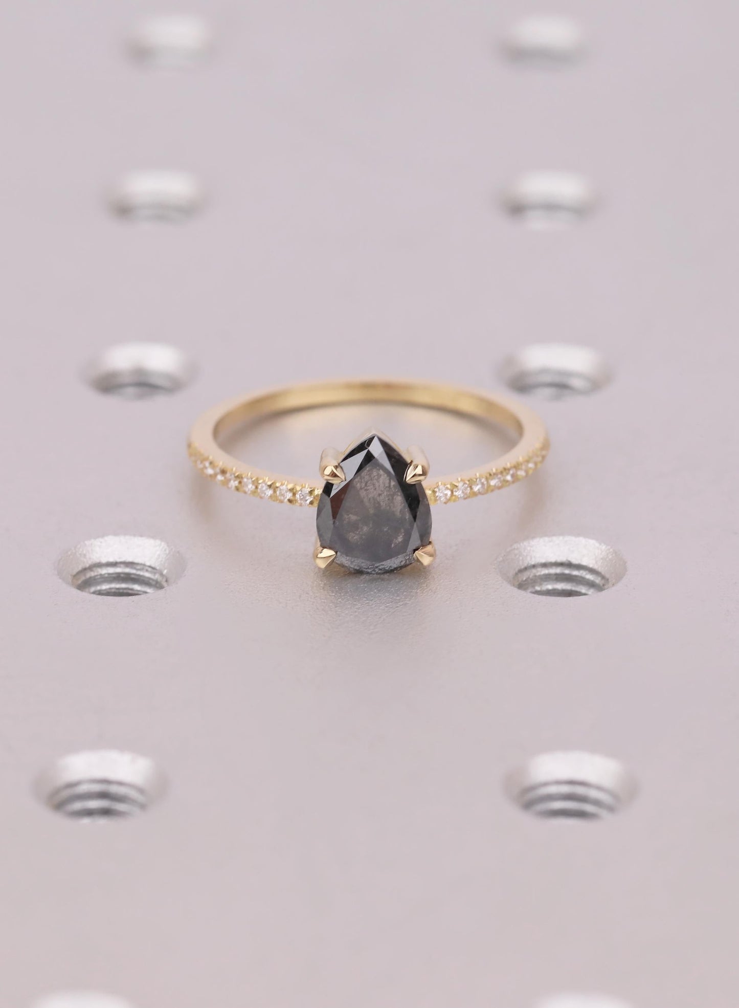 Pear Salt and Pepper Diamond Bridal Set, 18K Gold Ombre Band, Unique Engagement Ring