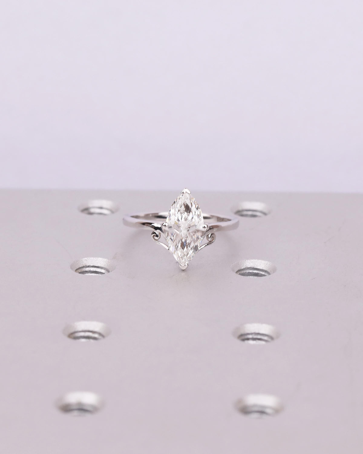 Unique Solitaire Moissanite Engagement Ring, Filigree 18k White Gold Marquise Cut Ring