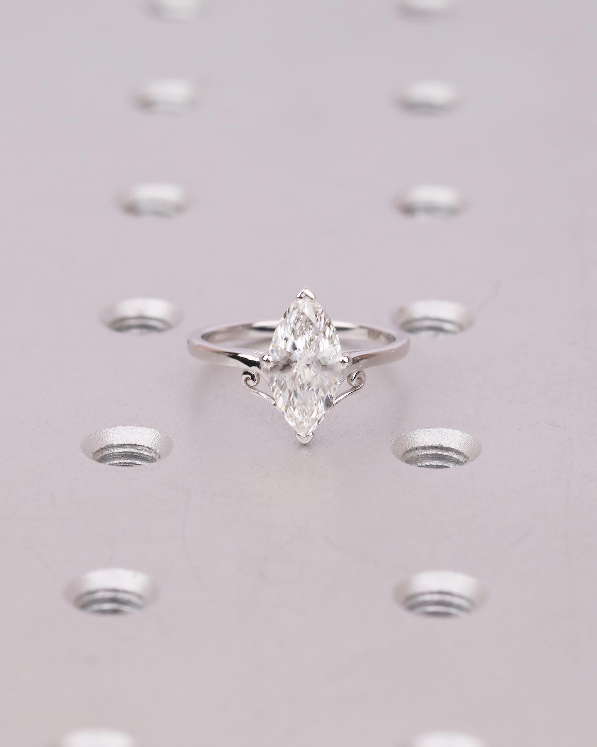 Unique Solitaire Moissanite Engagement Ring, Filigree 18k White Gold Marquise Cut Ring