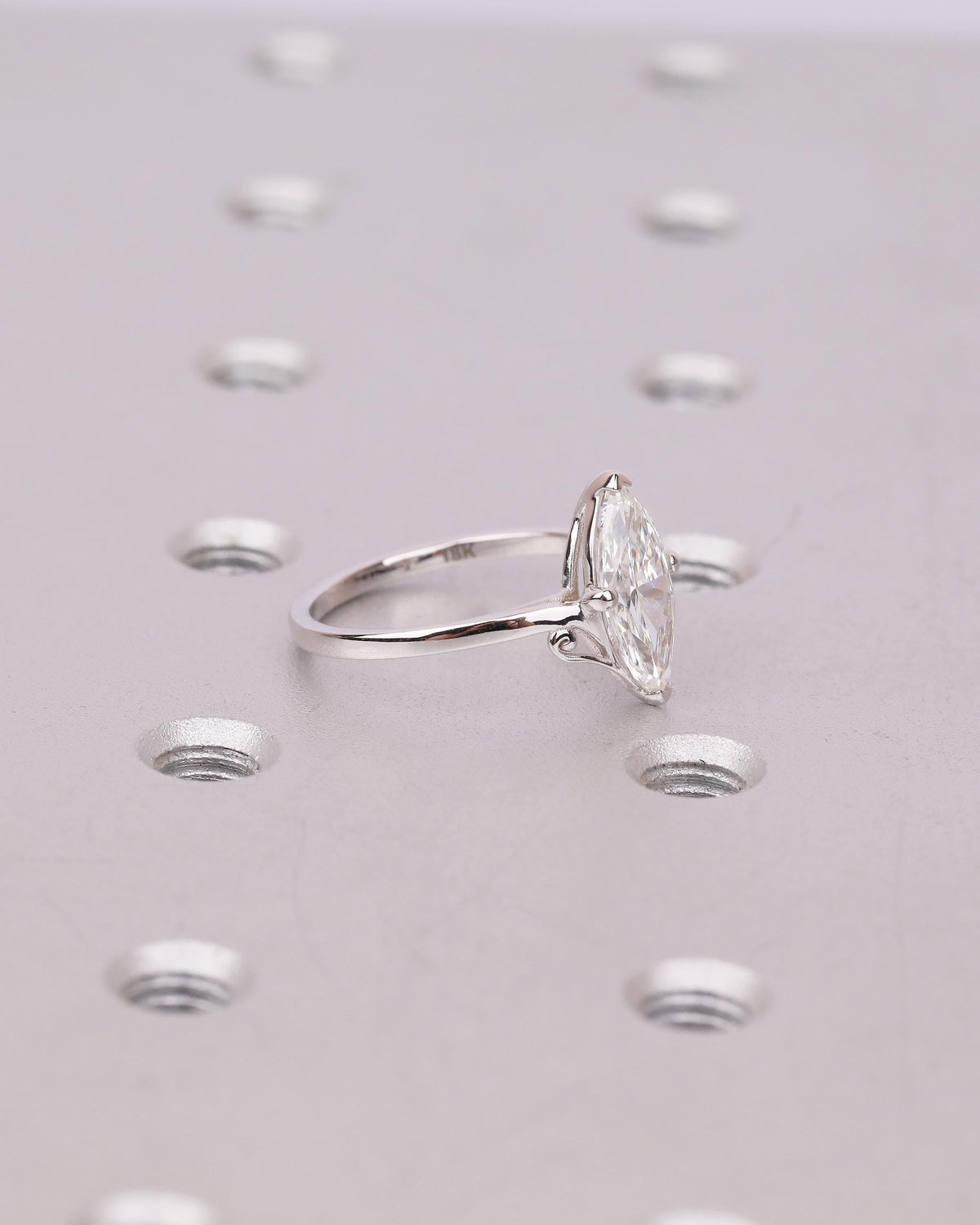 Unique Solitaire Moissanite Engagement Ring, Filigree 18k White Gold Marquise Cut Ring