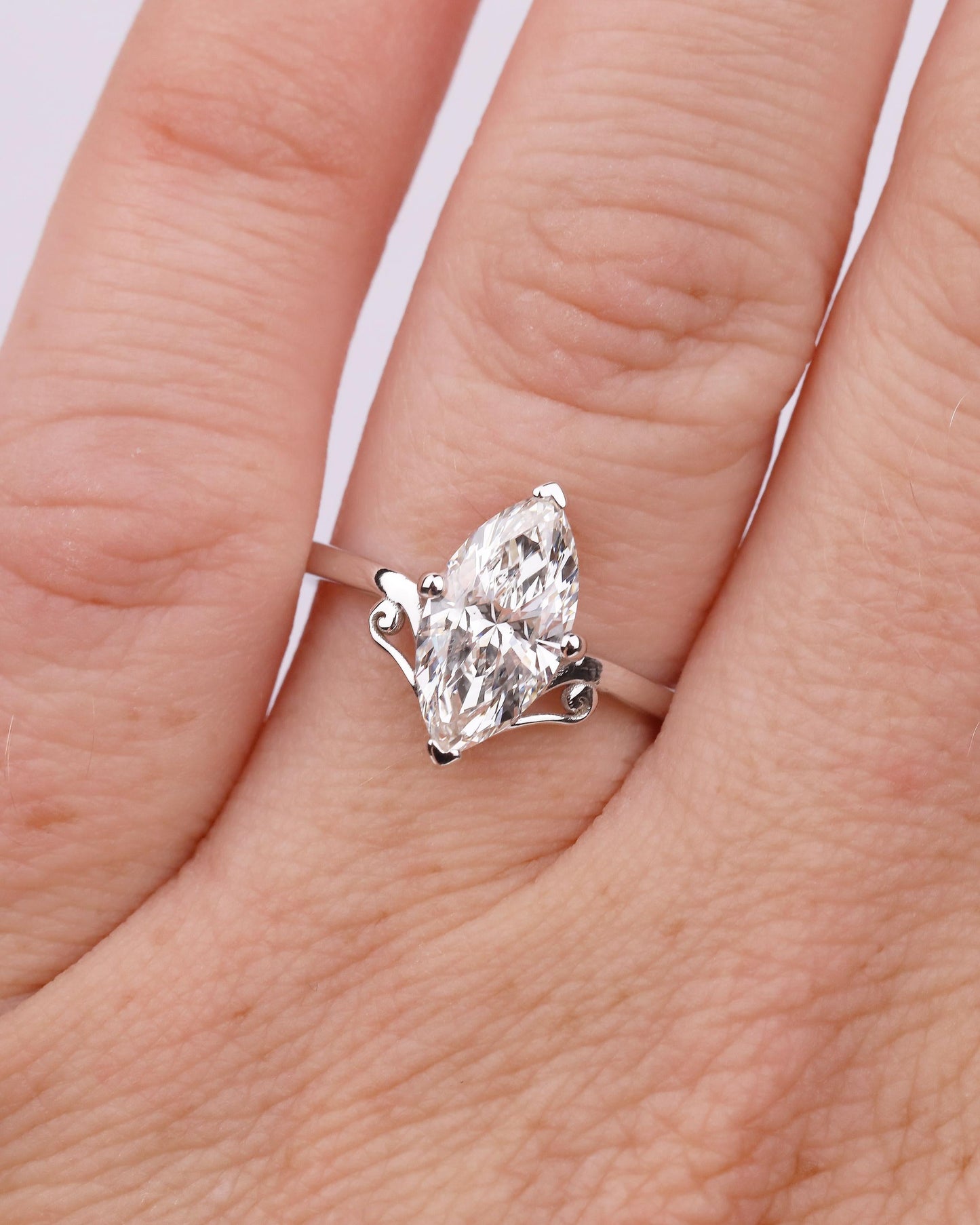 Unique Solitaire Moissanite Engagement Ring, Filigree 18k White Gold Marquise Cut Ring