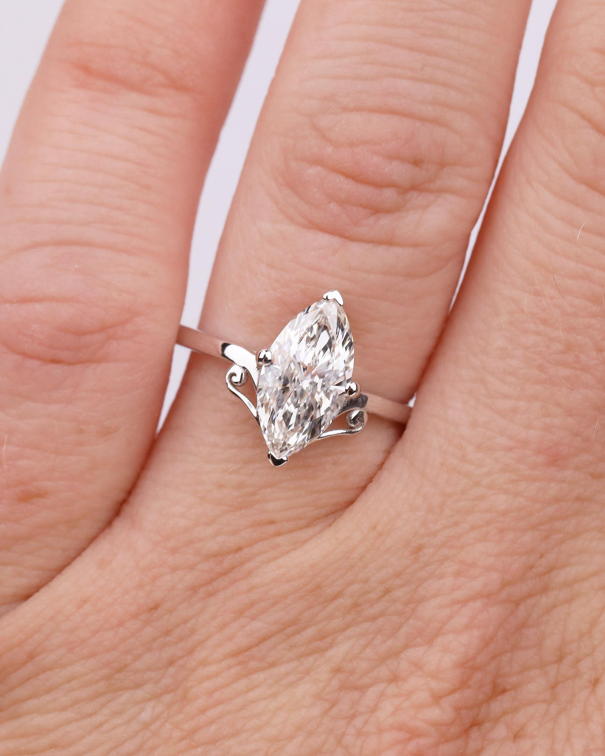 IGI Certified Lab Diamond Marquise Ring, Vintage Scroll Design, Art Deco 18k White Gold Engagement Ring, Unique Personalized Bridal Jewelry
