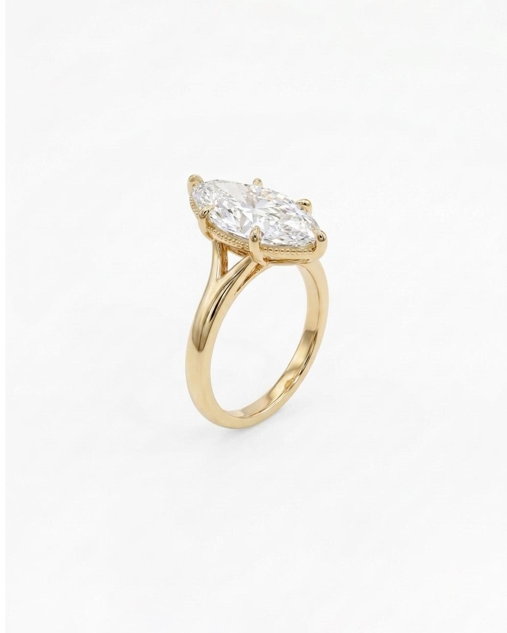 Vintage Style Marquise Cut Moissanite Ring, Solitaire Engagement Ring, Milgrain 14k Gold Statement Jewelry, Split Shank Anniversary Rings