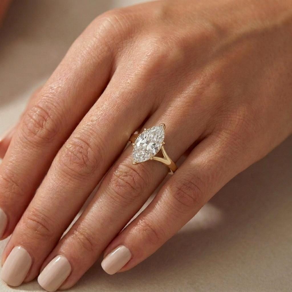 14k Solid Gold Marquise Moissanite Engagement Ring, Unique Split Shank Minimalist Ring