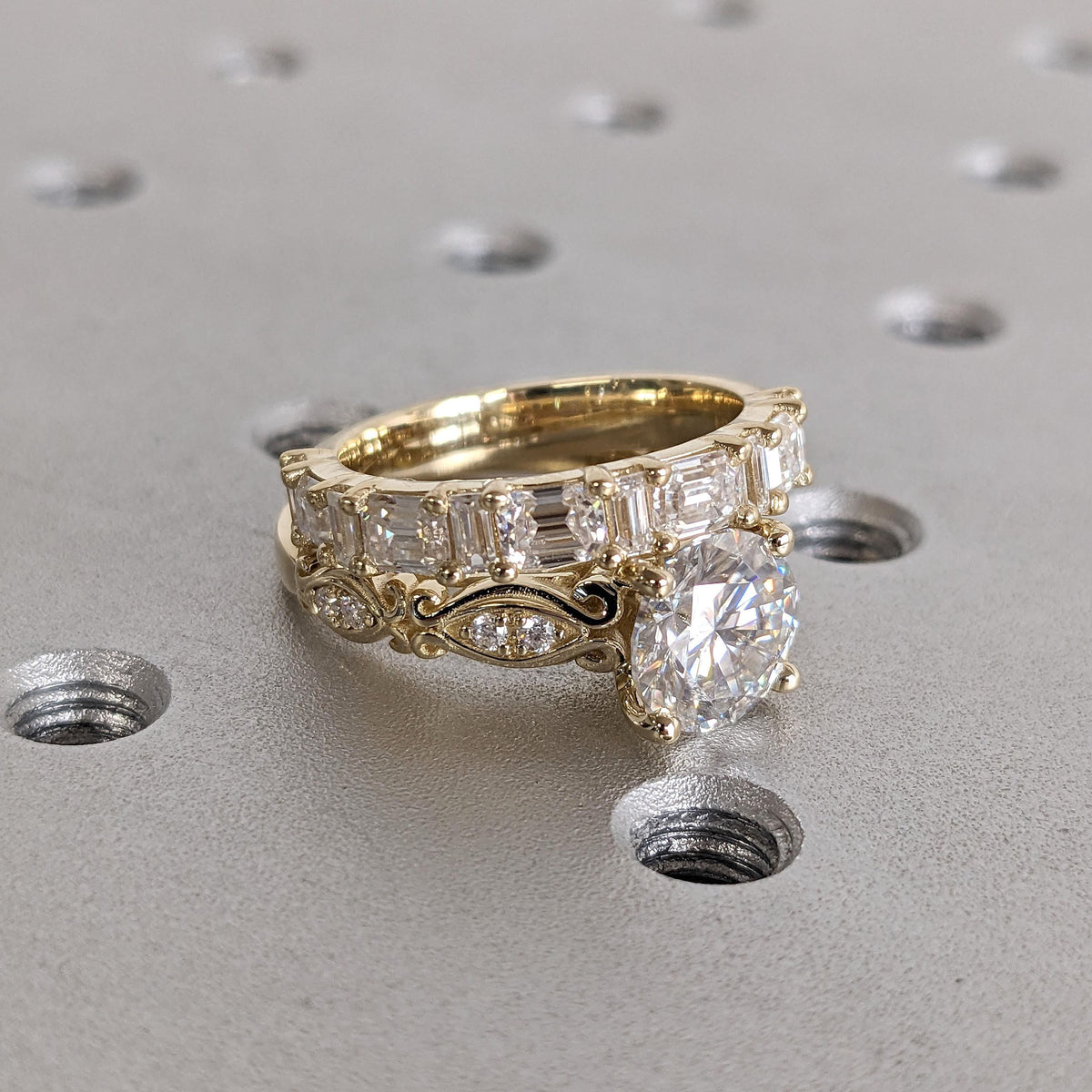 Round Moissanite Antique Engagement Ring Bridal Set | Half Eternity Stackable Gold Wedding Band | Anniversary Gift for Her