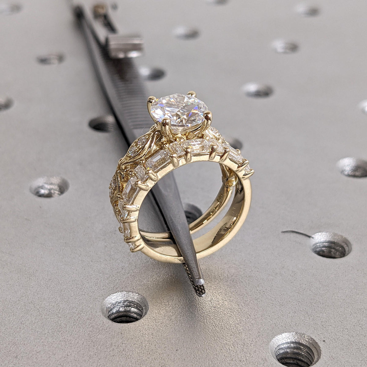 Round Moissanite Antique Engagement Ring Bridal Set | Half Eternity Stackable Gold Wedding Band | Anniversary Gift for Her