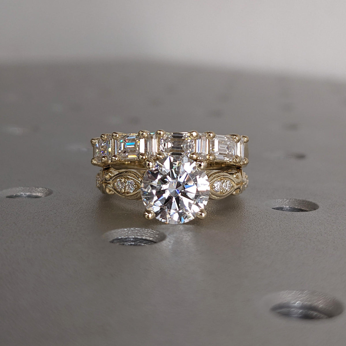 14k/18k Gold Lab Created Diamond Antique Engagement Ring | Diamonds Stacking Ring | 2 Piece Bridal Set Wedding Jewelry Gift for Her