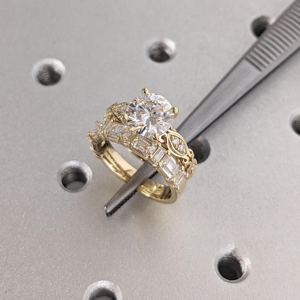 Lab Made Diamond and Moissanite Engagement Ring and Wedding Band Set for Women | 14k Yellow Gold Vintage Bridal Jewelry Anniversary Gift