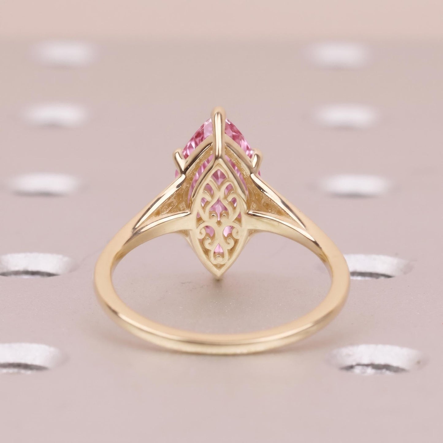 Pink Lab Diamond Custom Engagement Ring | Marquise Cut Victorian Filigree Ring | Gold Heirloom Proposal Ring | Wedding Anniversary Gift