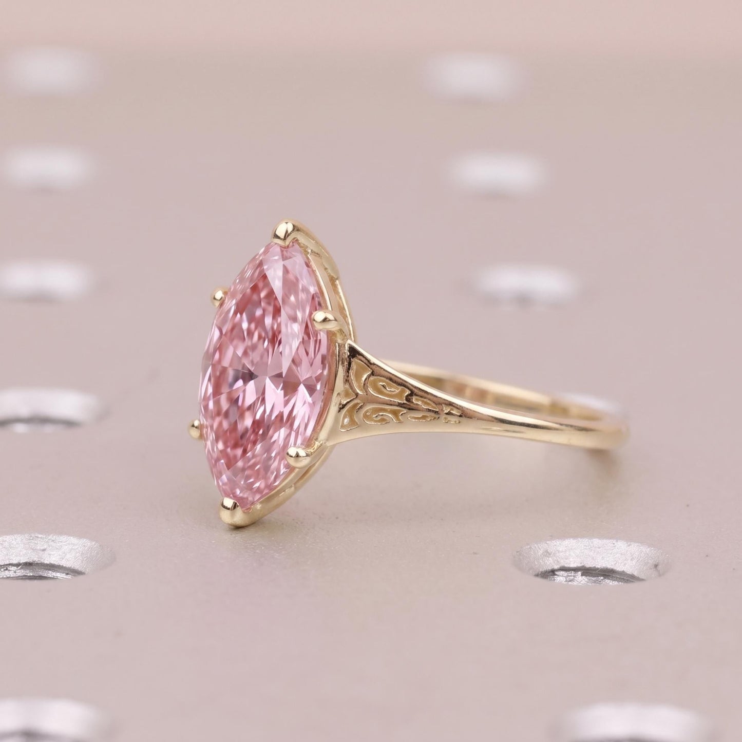 Pink Lab Diamond Custom Engagement Ring | Marquise Cut Victorian Filigree Ring | Gold Heirloom Proposal Ring | Wedding Anniversary Gift