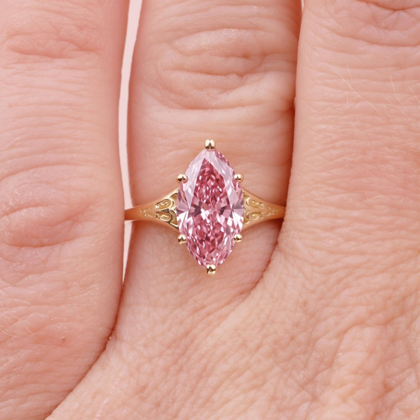 Pink Lab Diamond Custom Engagement Ring | Marquise Cut Victorian Filigree Ring | Gold Heirloom Proposal Ring | Wedding Anniversary Gift