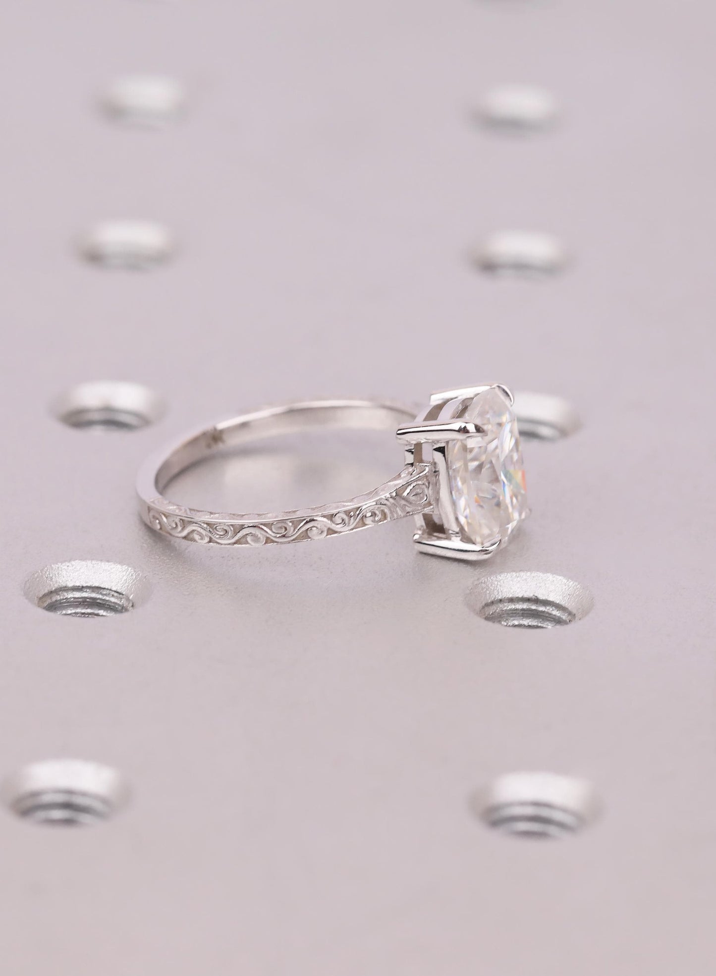 Cushion Cut 2.5ct Lab Grown Diamond Ring, Elongated Cushion Ring, 14K White Gold Vintage Nature Inspired Art Deco Handcrafted Filigree Ring