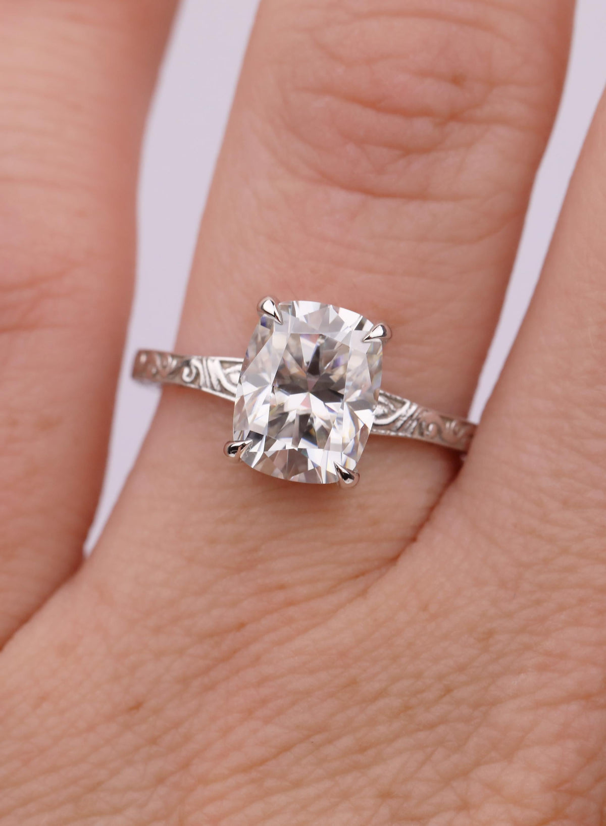 Cushion Cut 2.5ct Lab Grown Diamond Ring, Elongated Cushion Ring, 14K White Gold Vintage Nature Inspired Art Deco Handcrafted Filigree Ring