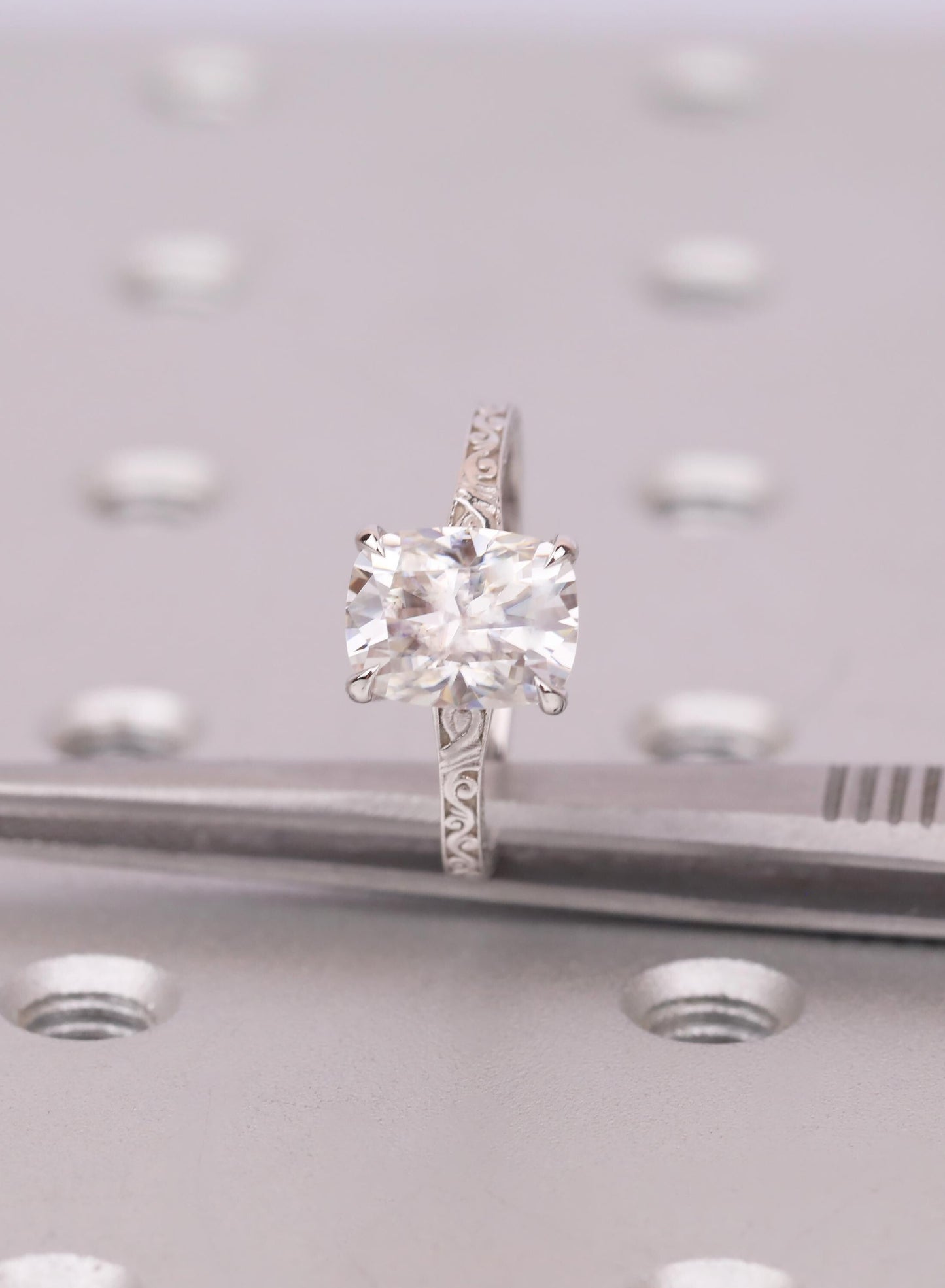 Cushion Cut 2.5ct Lab Grown Diamond Ring, Elongated Cushion Ring, 14K White Gold Vintage Nature Inspired Art Deco Handcrafted Filigree Ring