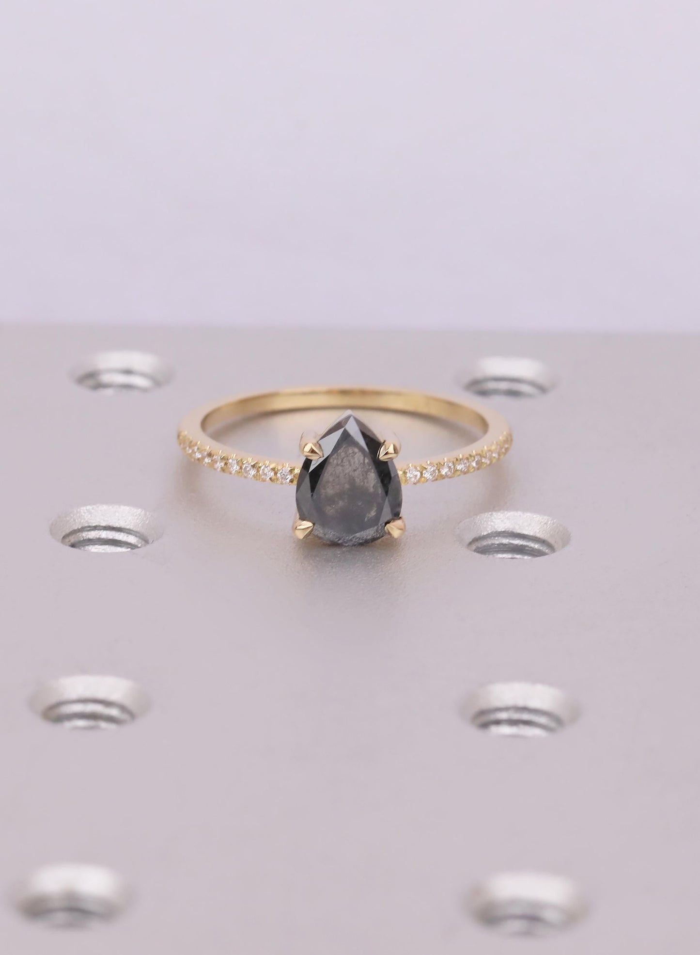 Pear Cut Salt and Pepper Diamond Ring, 18K Yellow Gold, Talon Prong Setting, Alternative Engagement Ring