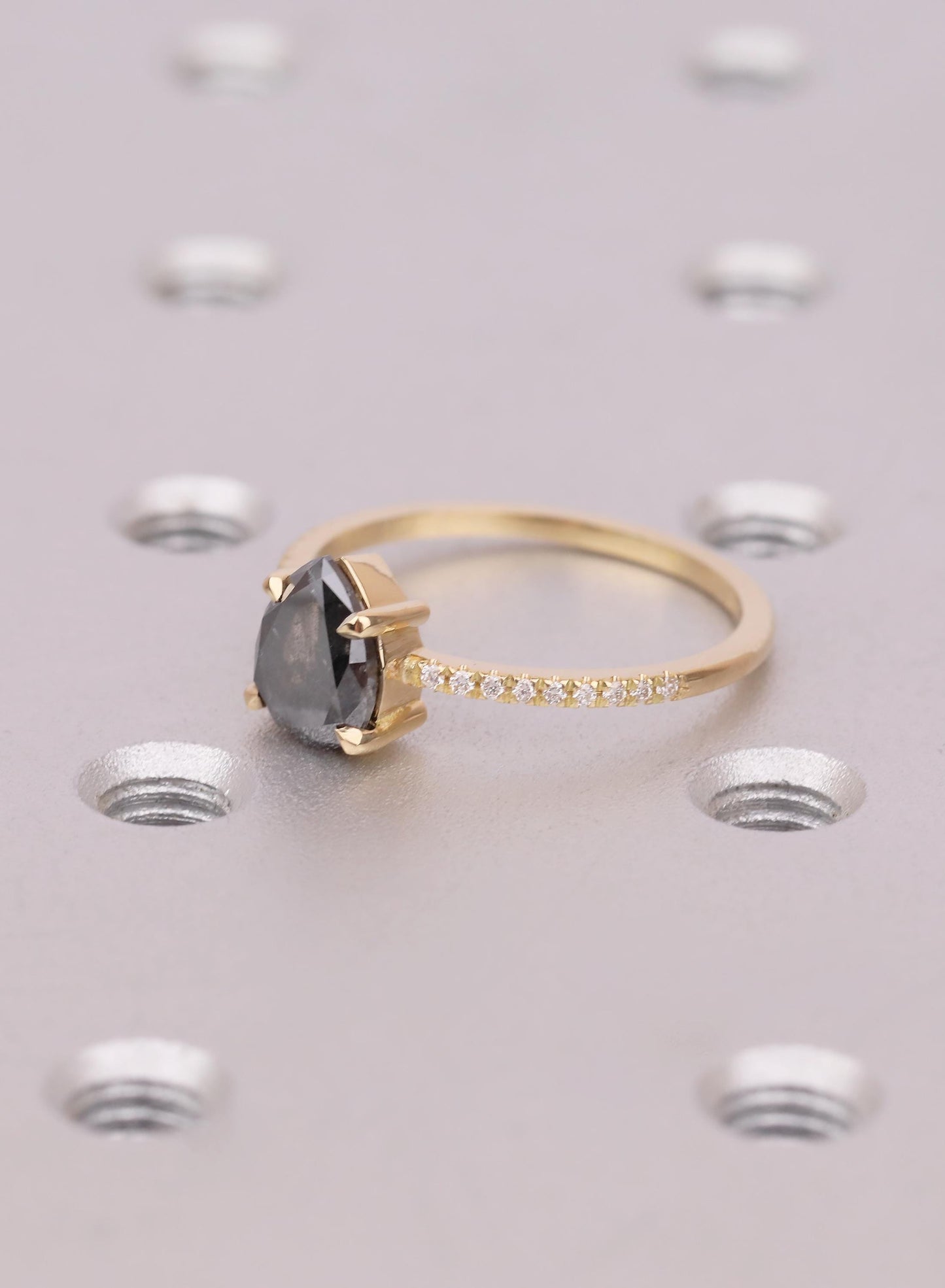 Pear Cut Salt and Pepper Diamond Ring, 18K Yellow Gold, Talon Prong Setting, Alternative Engagement Ring