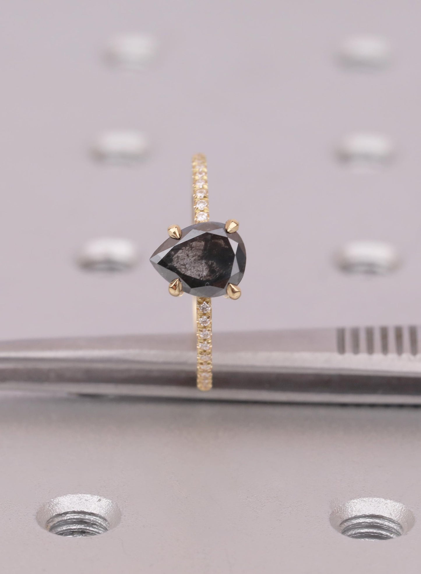 Pear Cut Salt and Pepper Diamond Ring, 18K Yellow Gold, Talon Prong Setting, Alternative Engagement Ring