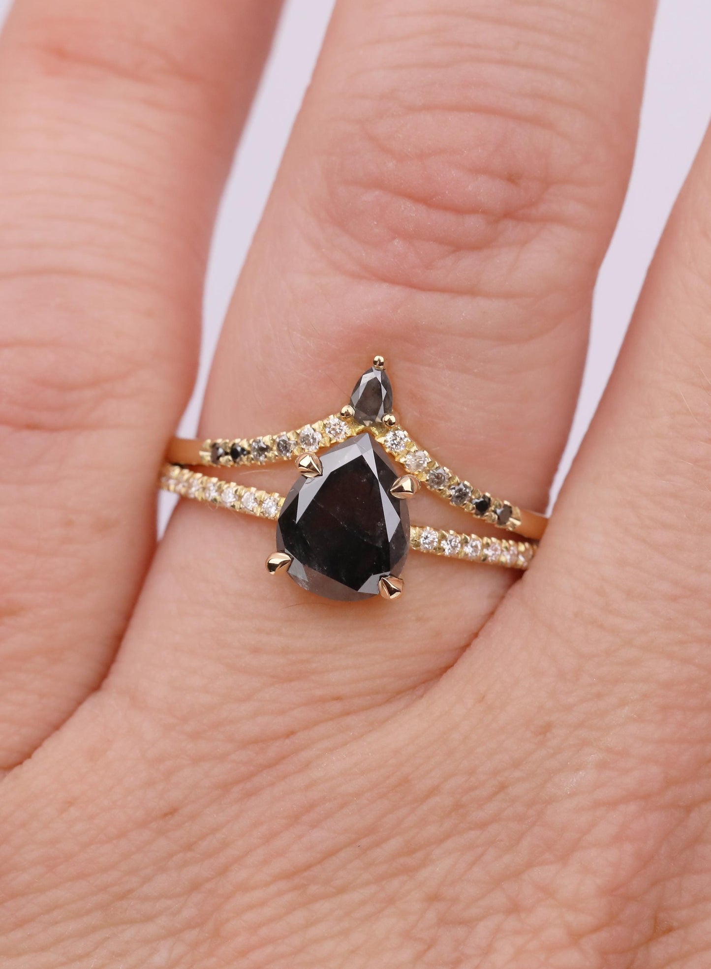 Pear Salt and Pepper Diamond Bridal Set, 18K Gold Ombre Band, Unique Engagement Ring